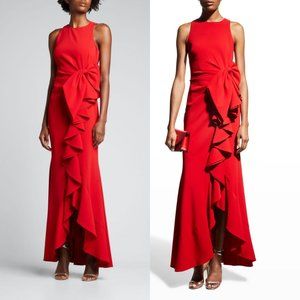 Badgley Mischka Collection Odessa Crepe Gown Asymmetric Ruffle-Skirt Sz 2 In Red